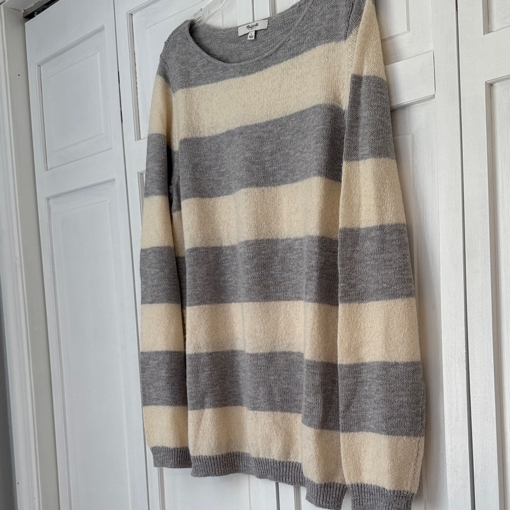 Madewell Wide Striped Crewneck Sweater in Gray & Cream Sz L - Picture 3 of 7